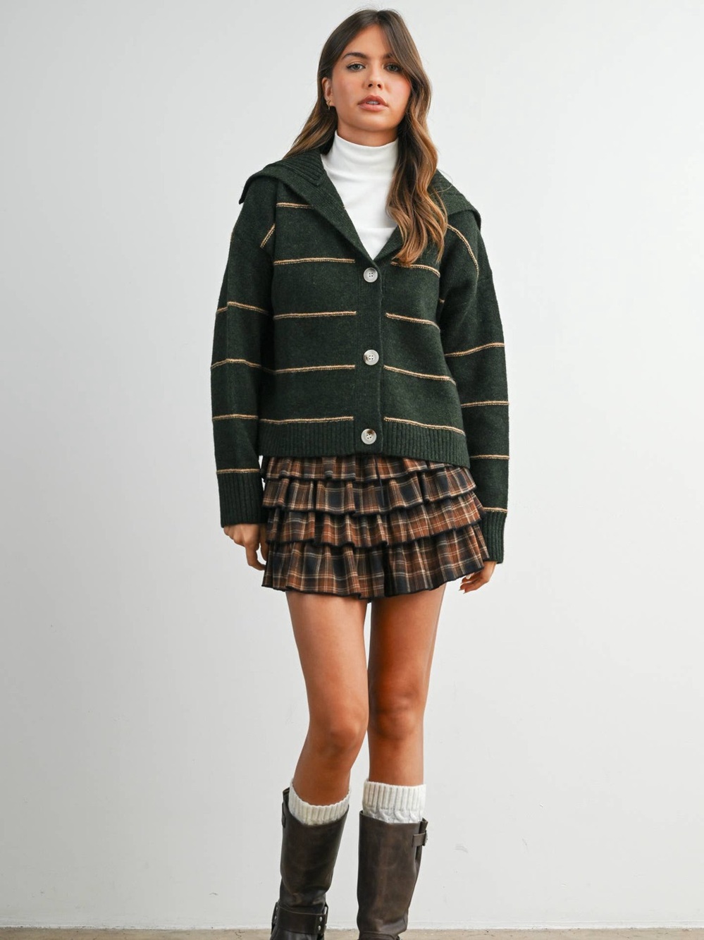 Striped Dark Green Button Cardigan